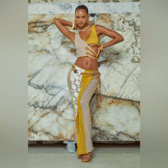 Jaded London Yellow White Crochet Knit Boho Bohemian Lace Low Rise Pants - Picture 11 of 12